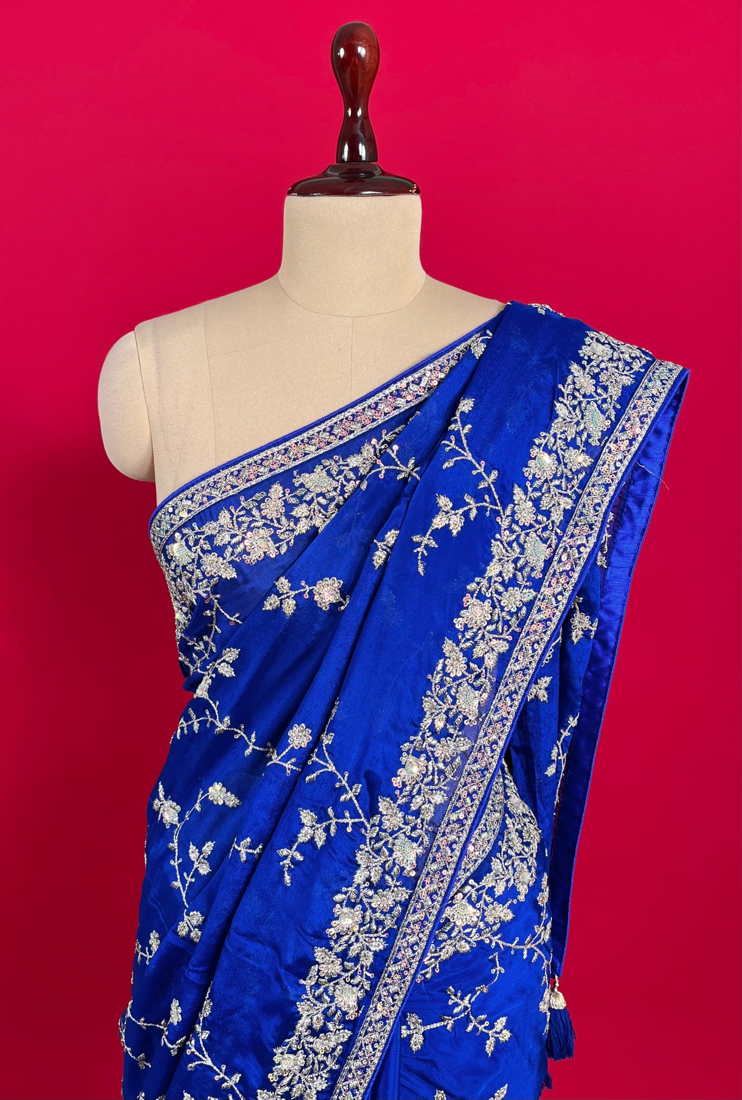 BLUE COLOUR EMBROIDERED CHINON SAREE EMBELLISHED WITH SEQUINS & ZARI WORK