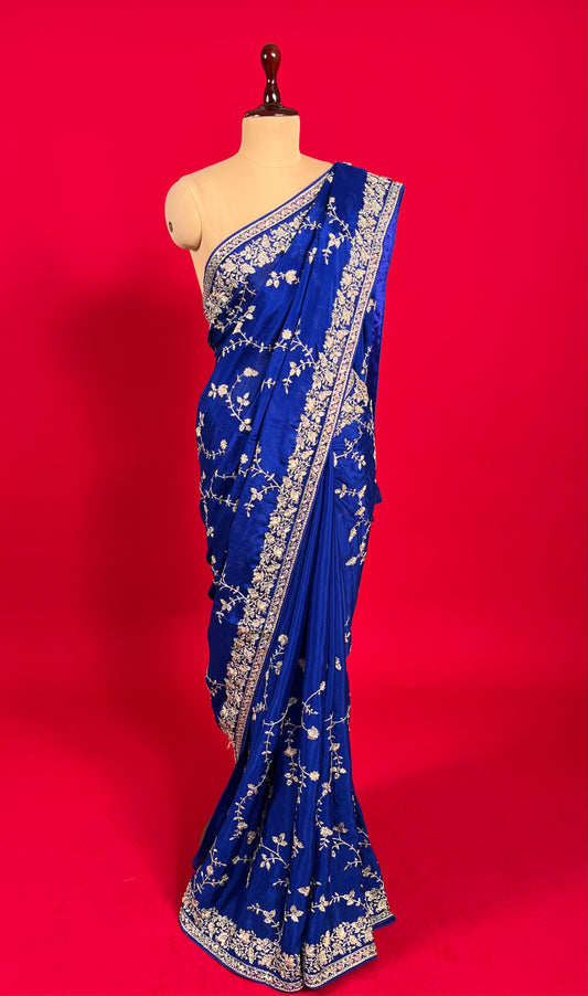 BLUE COLOUR EMBROIDERED CHINON SAREE EMBELLISHED WITH SEQUINS & ZARI WORK