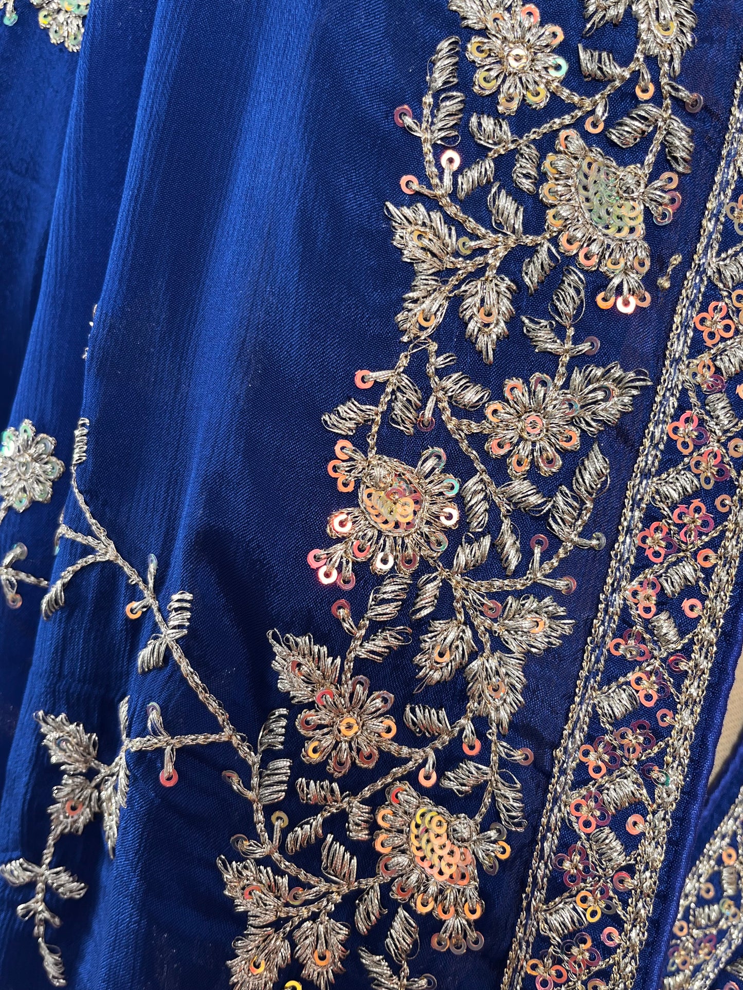 BLUE COLOUR EMBROIDERED CHINON SAREE EMBELLISHED WITH SEQUINS & ZARI WORK