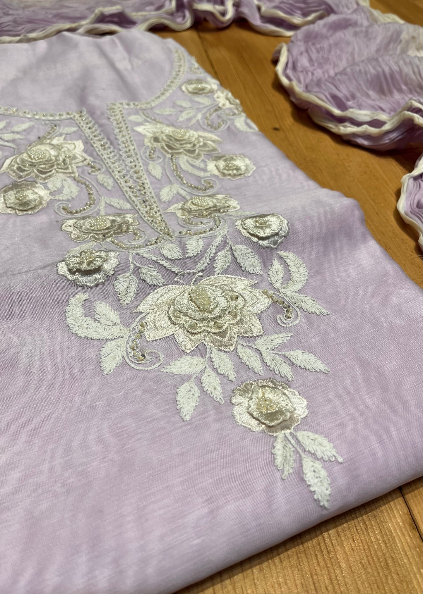 LAVENDER COLOUR CHANDERI UNSTITCHED SUIT WITH CHIFFON DUPATTA EMBELLISHED WITH RESHAM WORK