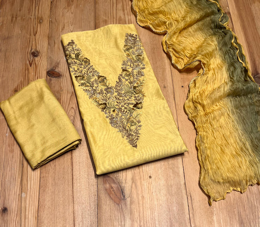 YELLOW COLOUR CHANDERI UNSTITCHED SUIT WITH CHIFFON DUPATTA EMBELLISHED WITH ZARI & RESHAM WORK