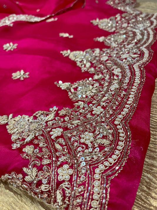 HOT PINK COLOR PURE ORGANZA HAND EMBROIDERED UNSTICHED SUIT EMBELLISHED WITH PEARL, ZARDOZI & SEQUINS WORK