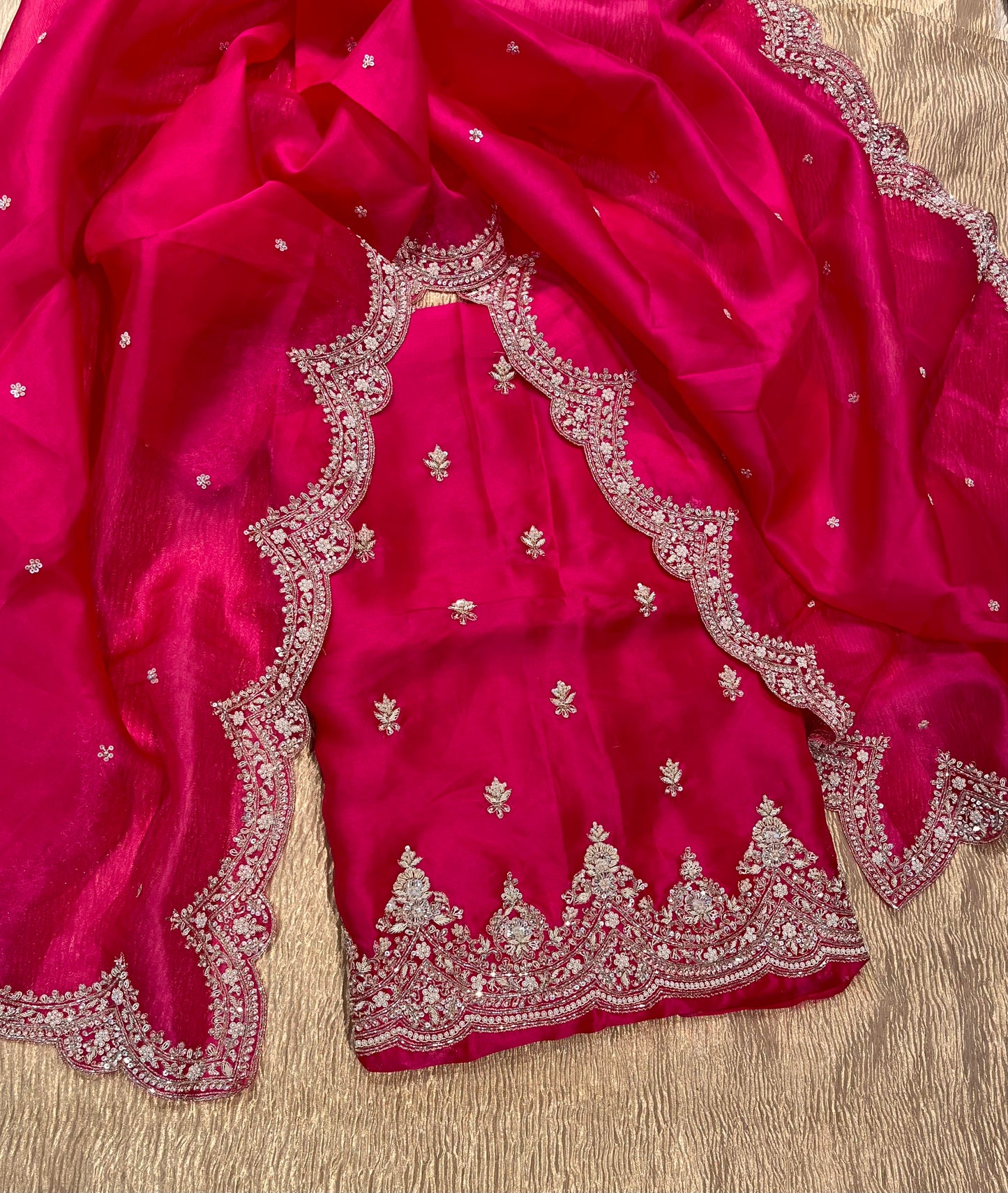 HOT PINK COLOR PURE ORGANZA HAND EMBROIDERED UNSTICHED SUIT EMBELLISHED WITH PEARL, ZARDOZI & SEQUINS WORK