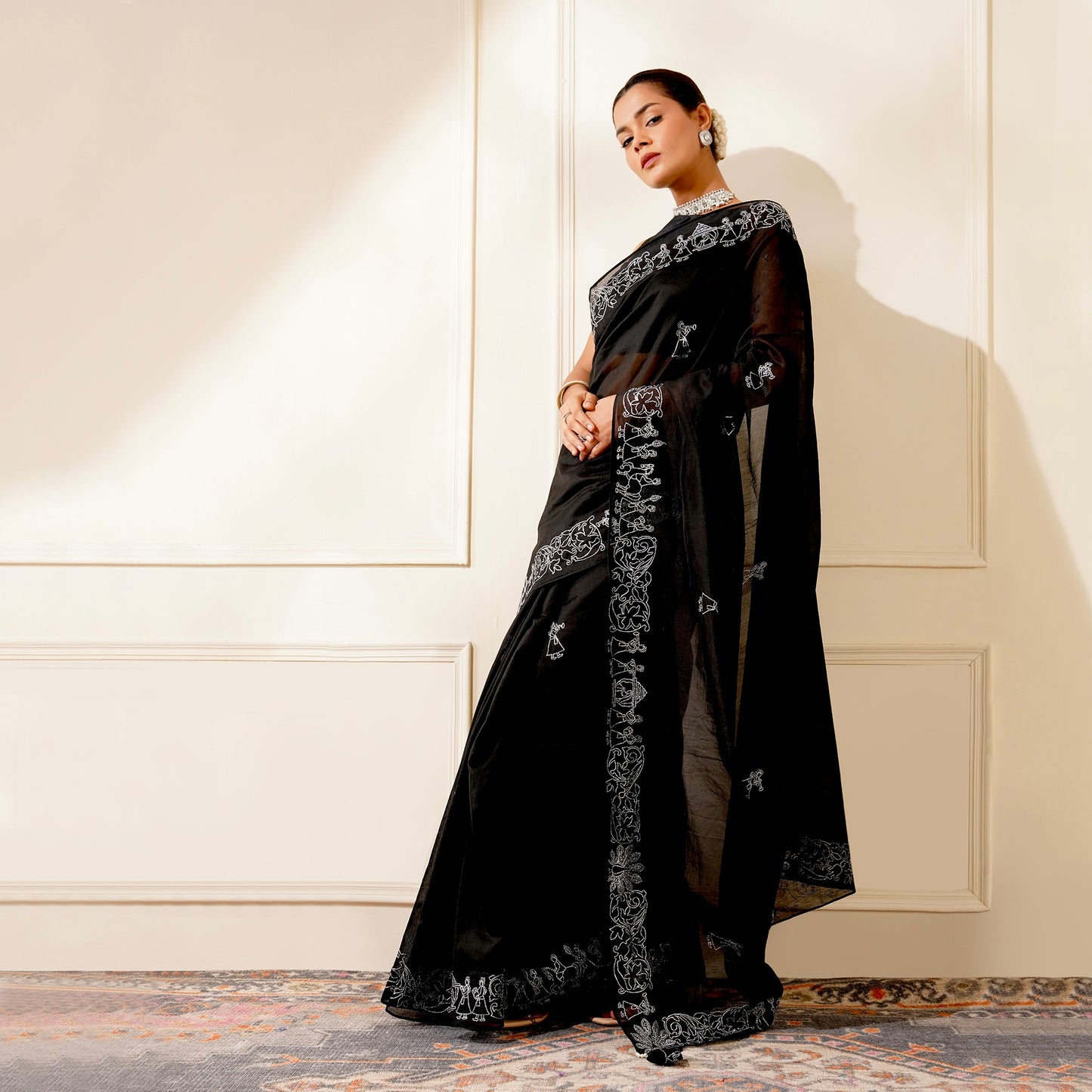 BLACK COLOUR CHANDERI  SAREE WITH BARAAT BORDER EMBROIDERED IN SILVER ZARI