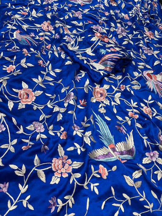 BLUE COLOUR SATIN SILK PARSI WORK HAND EMBROIDERED SAREE