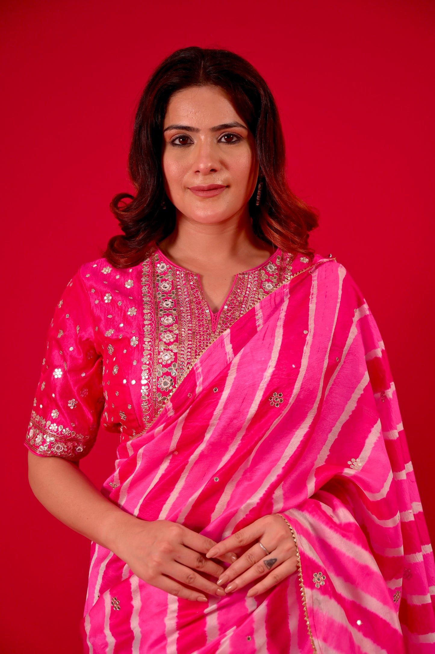 PINK COLOUR LEHERIYA READYMADE BLOUSE SAREE EMBELLISHED EITH GOTA PATTI & MIRROR WORK