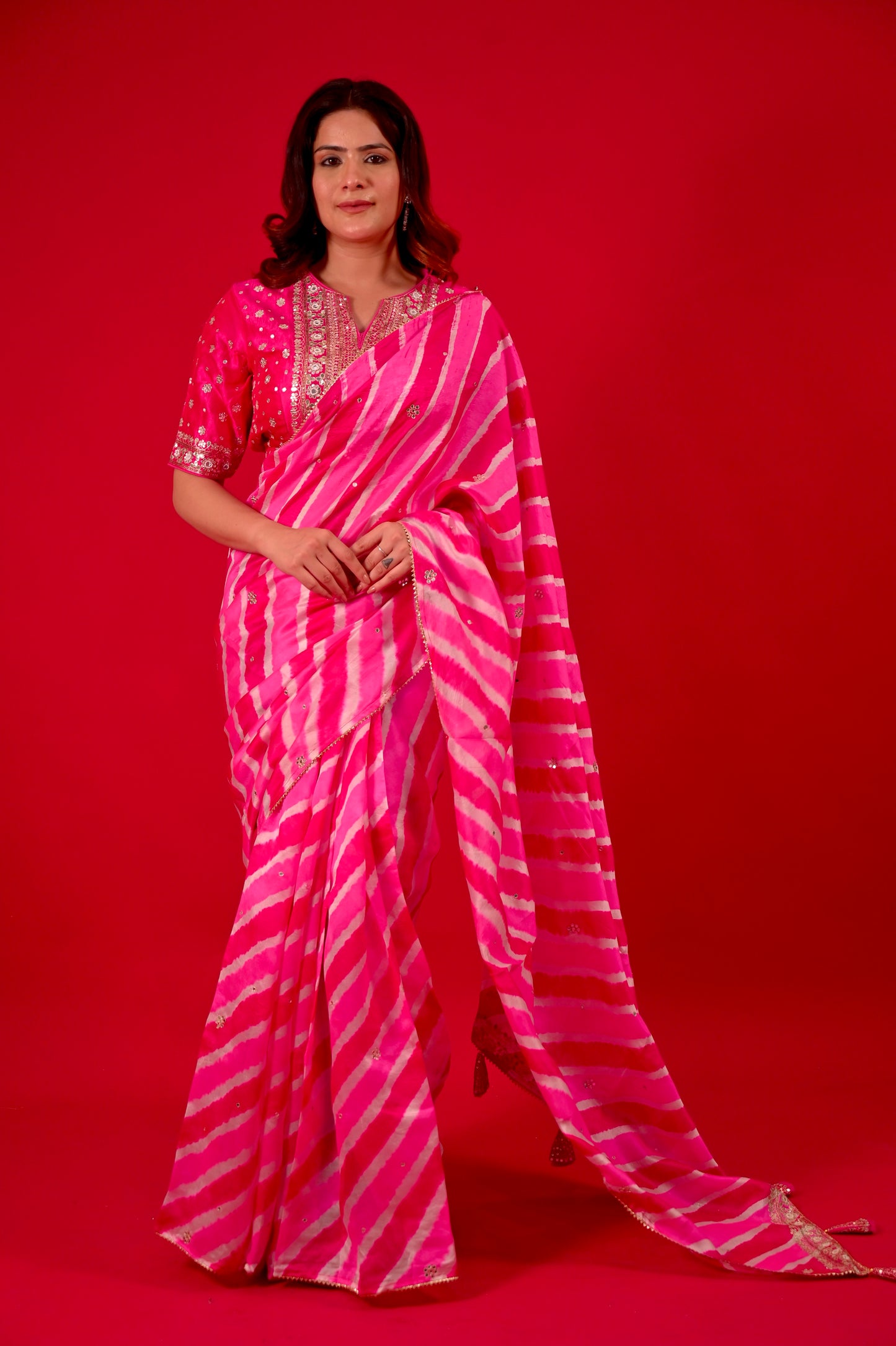 PINK COLOUR LEHERIYA READYMADE BLOUSE SAREE EMBELLISHED EITH GOTA PATTI & MIRROR WORK