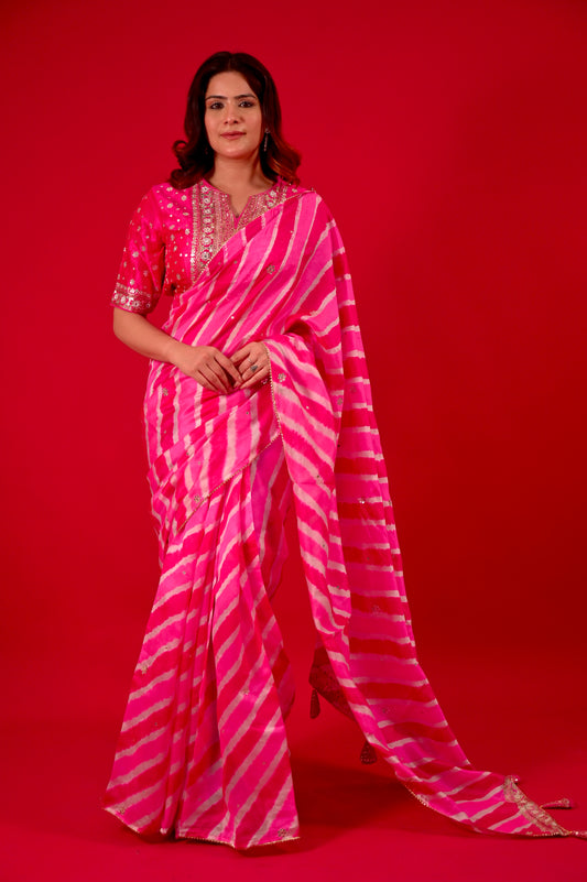 PINK COLOUR LEHERIYA READYMADE BLOUSE SAREE EMBELLISHED EITH GOTA PATTI & MIRROR WORK