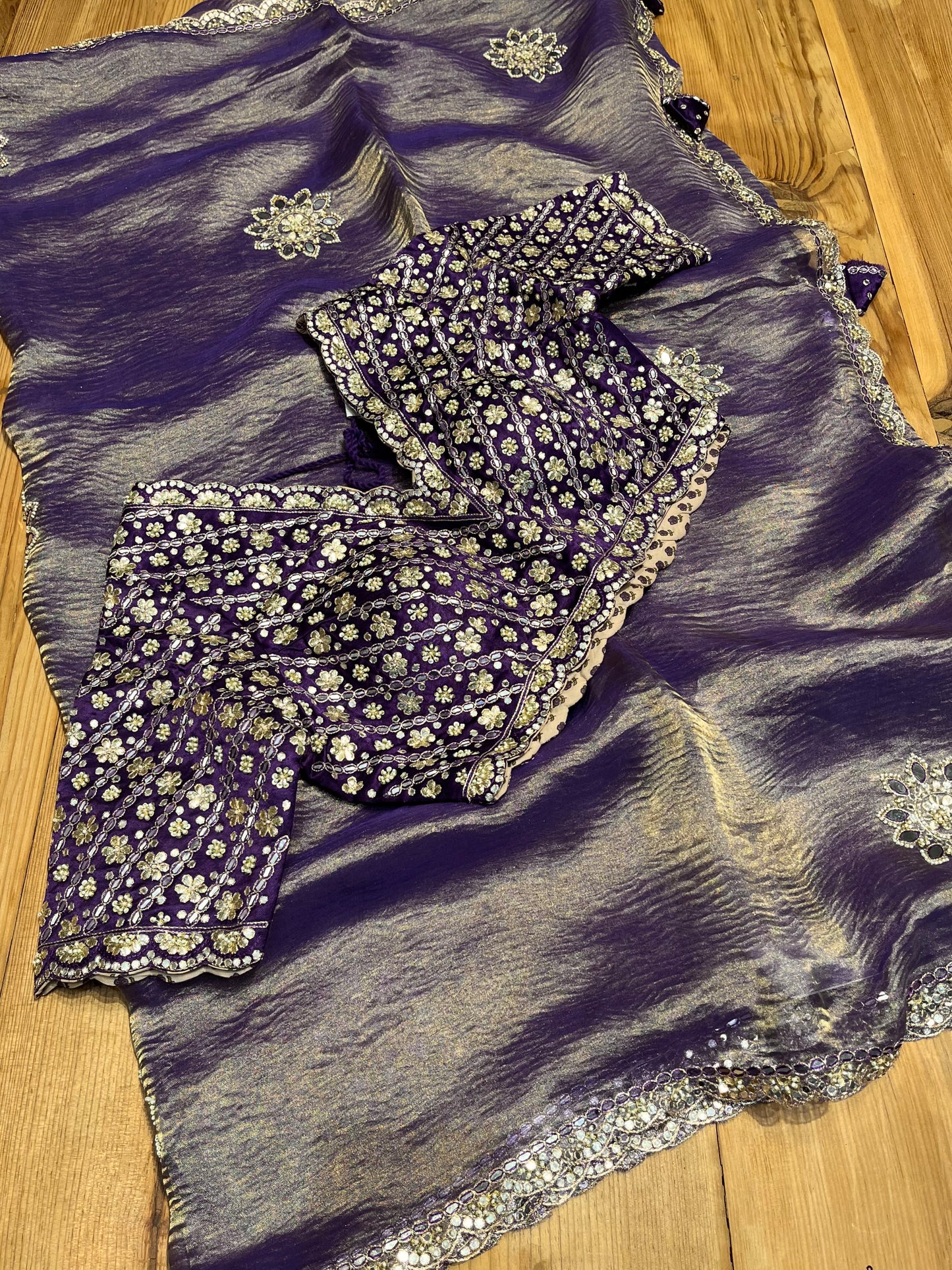 PURPLE COLOUR CRUSHED TISSUE READYMADE BLOUSE SAREE EMBELLISHED WITH MIRROR FOIL, GOTA PATTI & BEADS WORK