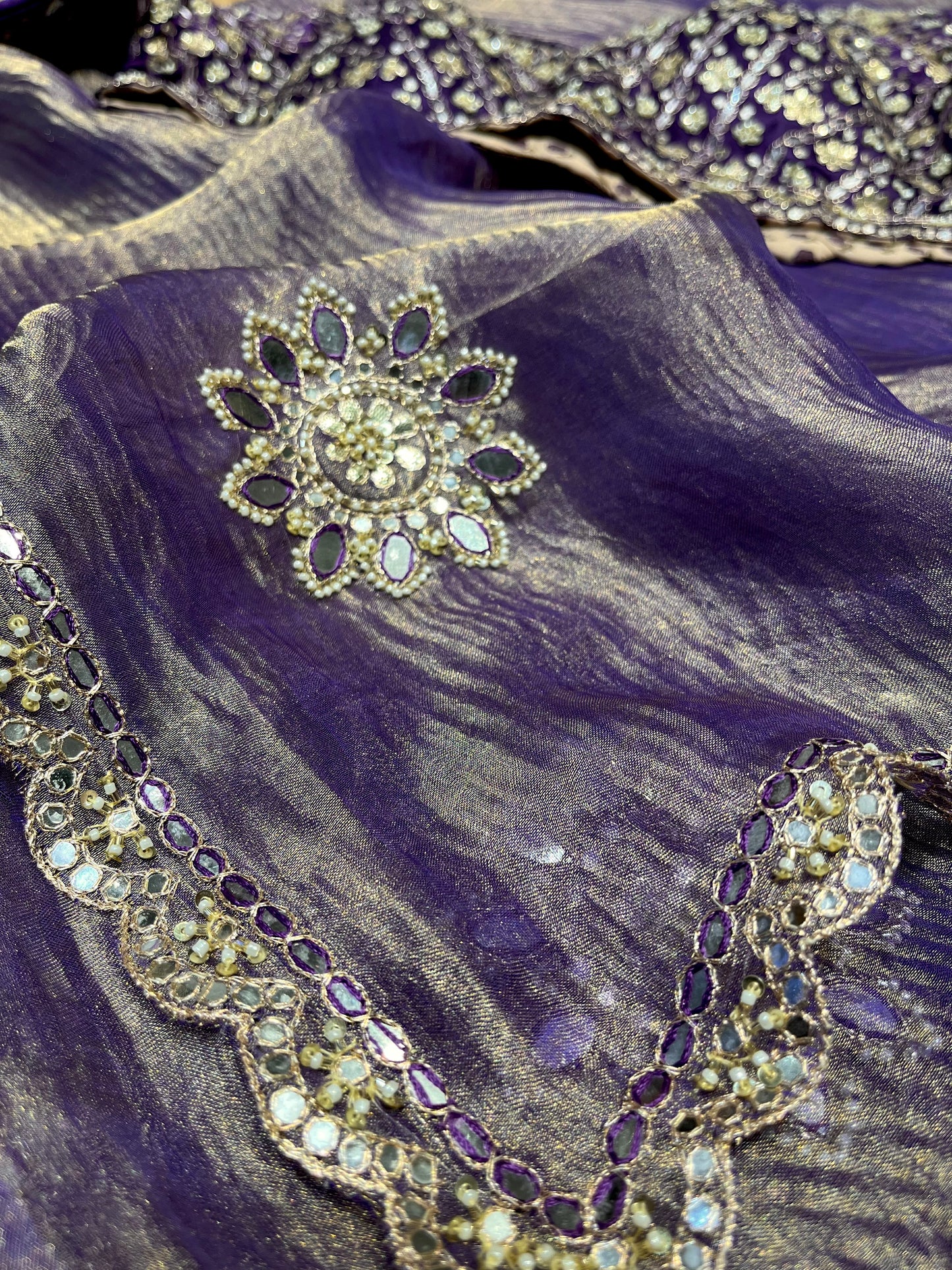 PURPLE COLOUR CRUSHED TISSUE READYMADE BLOUSE SAREE EMBELLISHED WITH MIRROR FOIL, GOTA PATTI & BEADS WORK