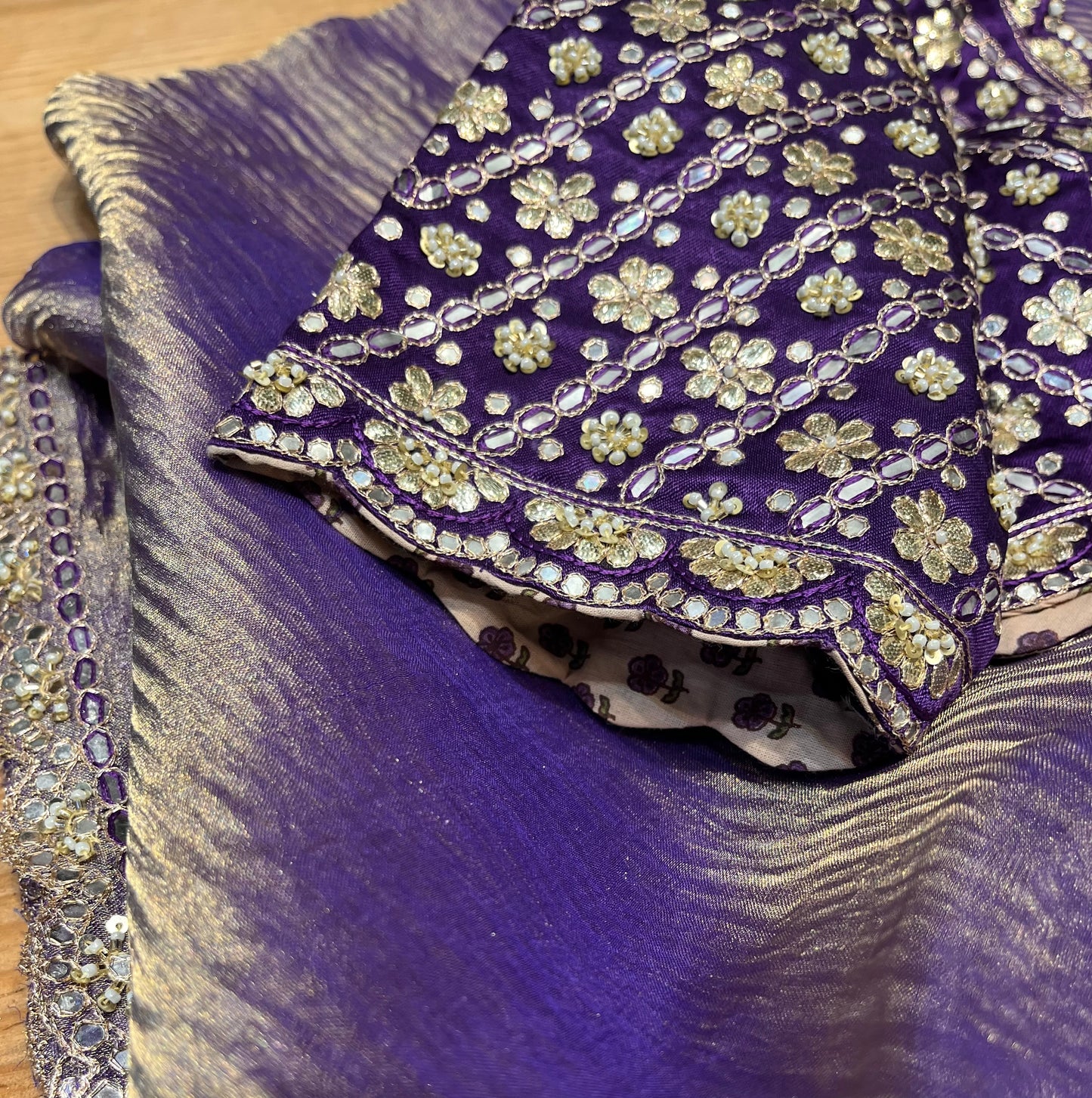 PURPLE COLOUR CRUSHED TISSUE READYMADE BLOUSE SAREE EMBELLISHED WITH MIRROR FOIL, GOTA PATTI & BEADS WORK