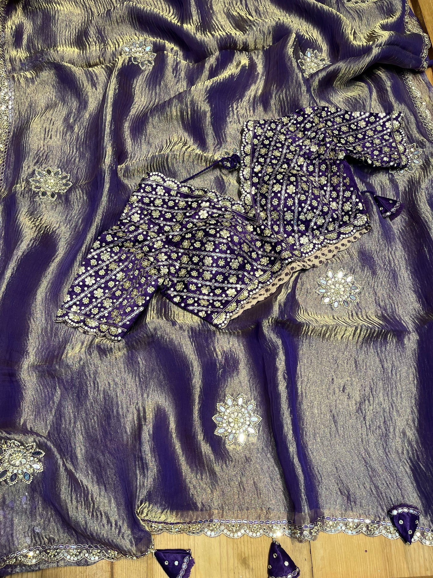 PURPLE COLOUR CRUSHED TISSUE READYMADE BLOUSE SAREE EMBELLISHED WITH MIRROR FOIL, GOTA PATTI & BEADS WORK