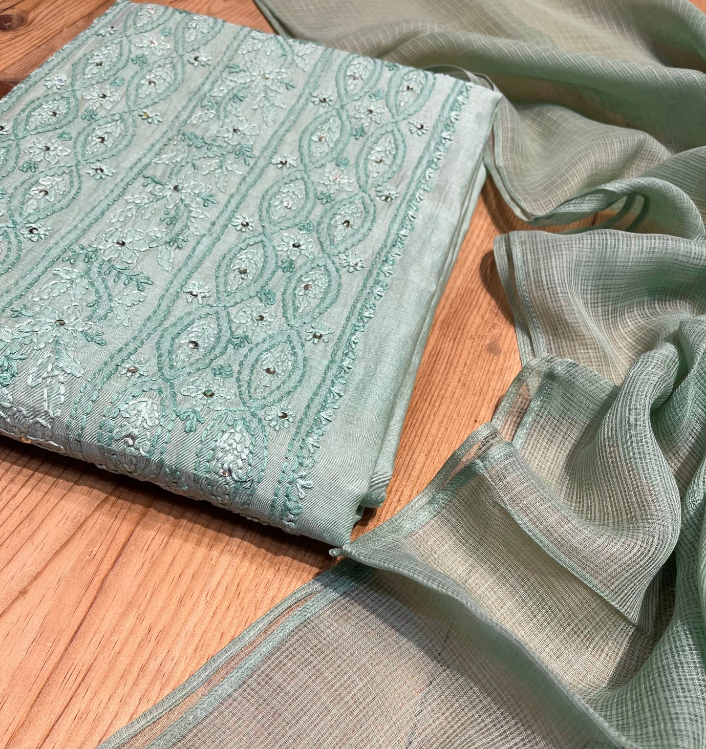 AQUA COLOUR CHANDERI CHIKENKARI UNSTITCHED SUIT WITH KOTA DORIA DUPATT