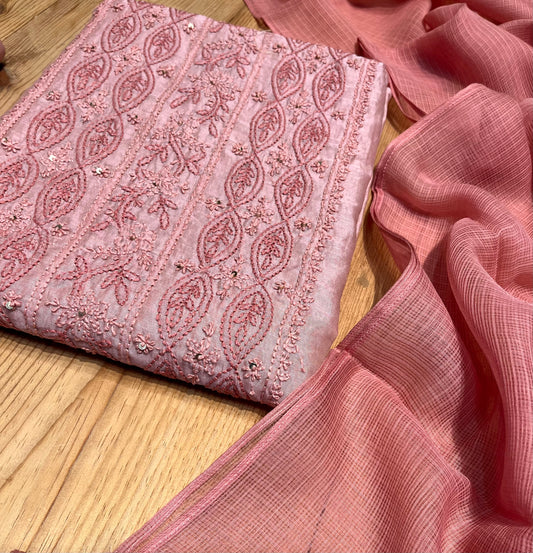 RUST PINK COLOUR CHANDERI CHIKENKARI UNSTITCHED SUIT WITH KOTA DORIA DUPATTA