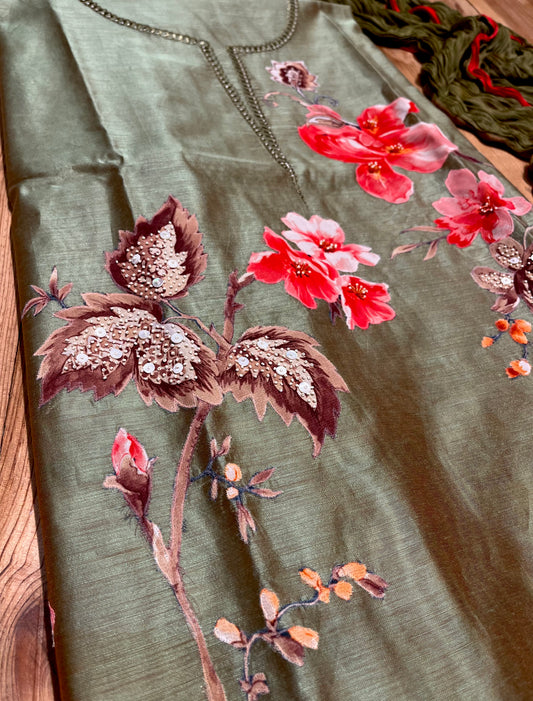 GREEN COLOUR CHANDERI UNSTITCHED SUIT WITH CHIFFON DUPATTA EMBELLISHED WITH BEADS WORK