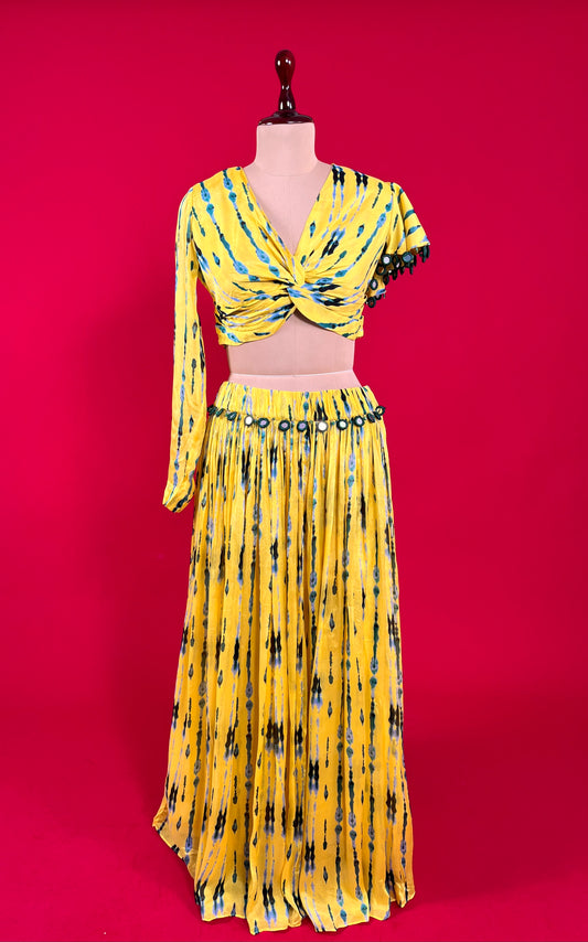LEMON YELLOW COLOUR CHINON SKIRT WITH CROP TOP EMBELLISHED WITH MIRROR WORK