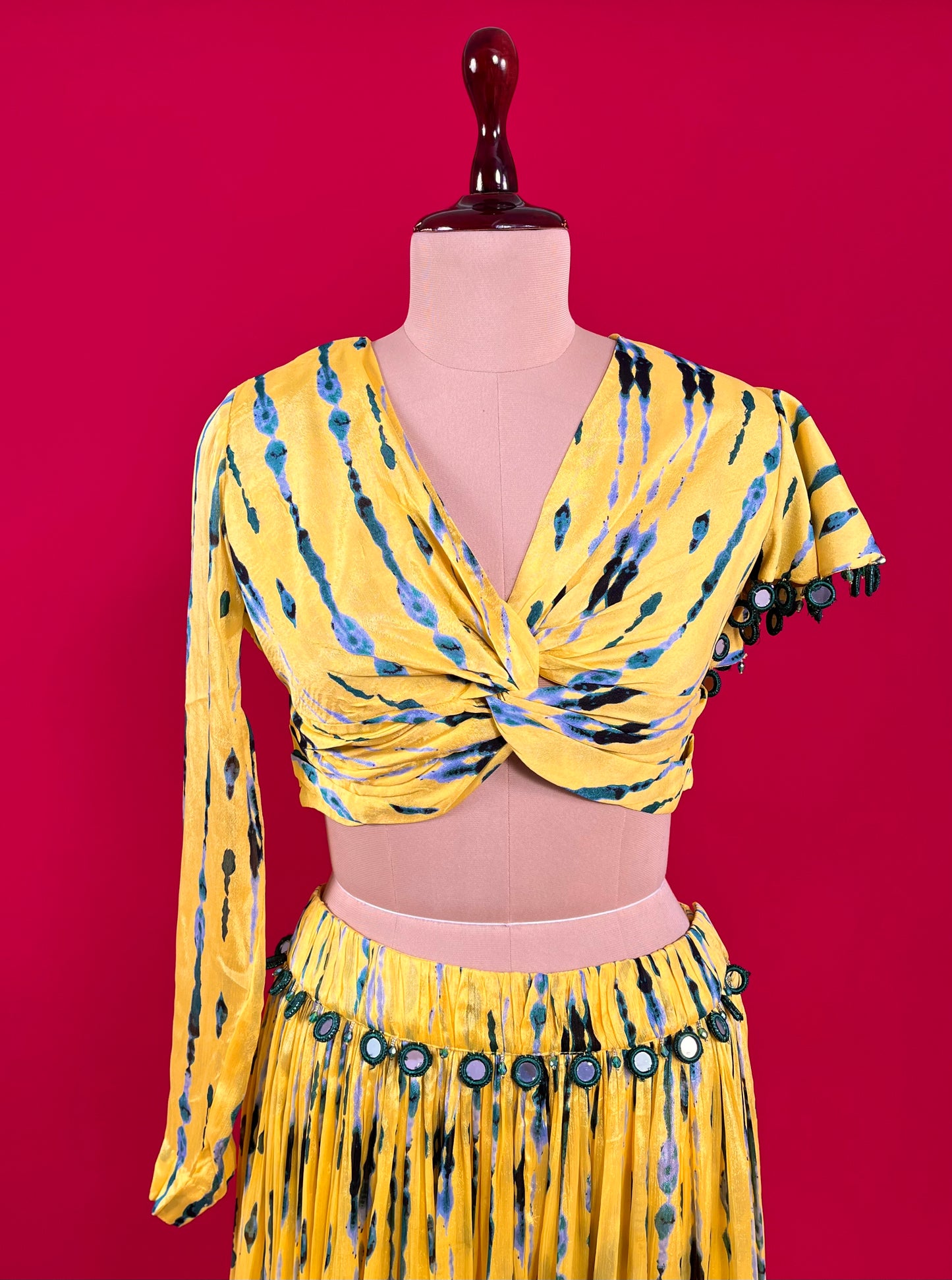 LEMON YELLOW COLOUR CHINON SKIRT WITH CROP TOP EMBELLISHED WITH MIRROR WORK