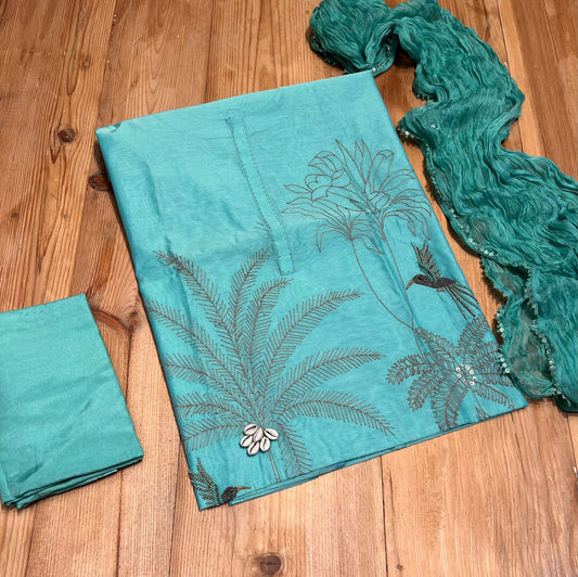 TURQUOISE COLOUR CHANDERI UNSTITCHED SUIT WITH CHIFFON DUPATTA EMBELLISHED WITH RESHAM & BEADS WORK