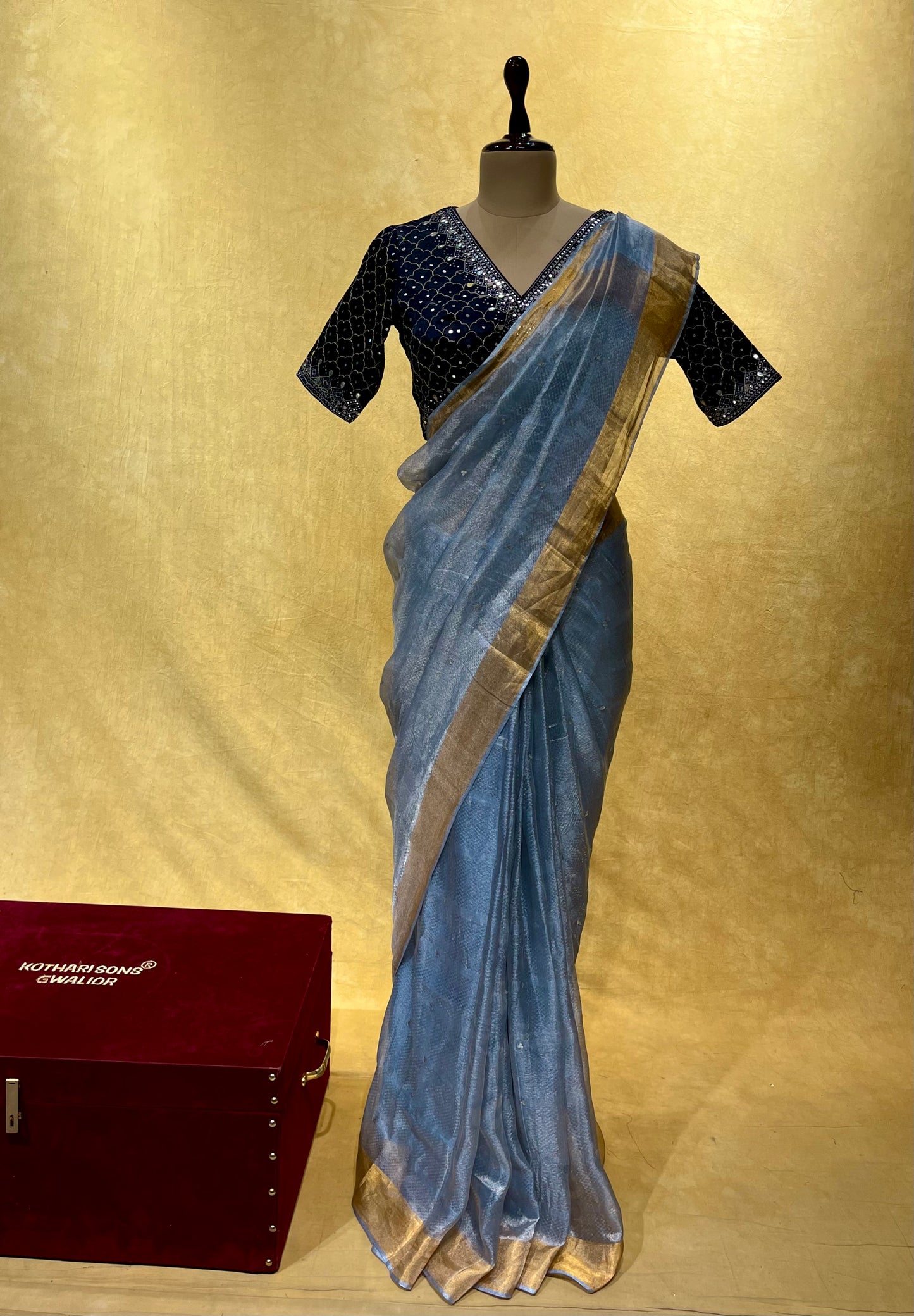 POWDER BLUE COLOUR ORGANZA TISSUE SAREE WITH EMBROIDERED READYMADE BLOUSE