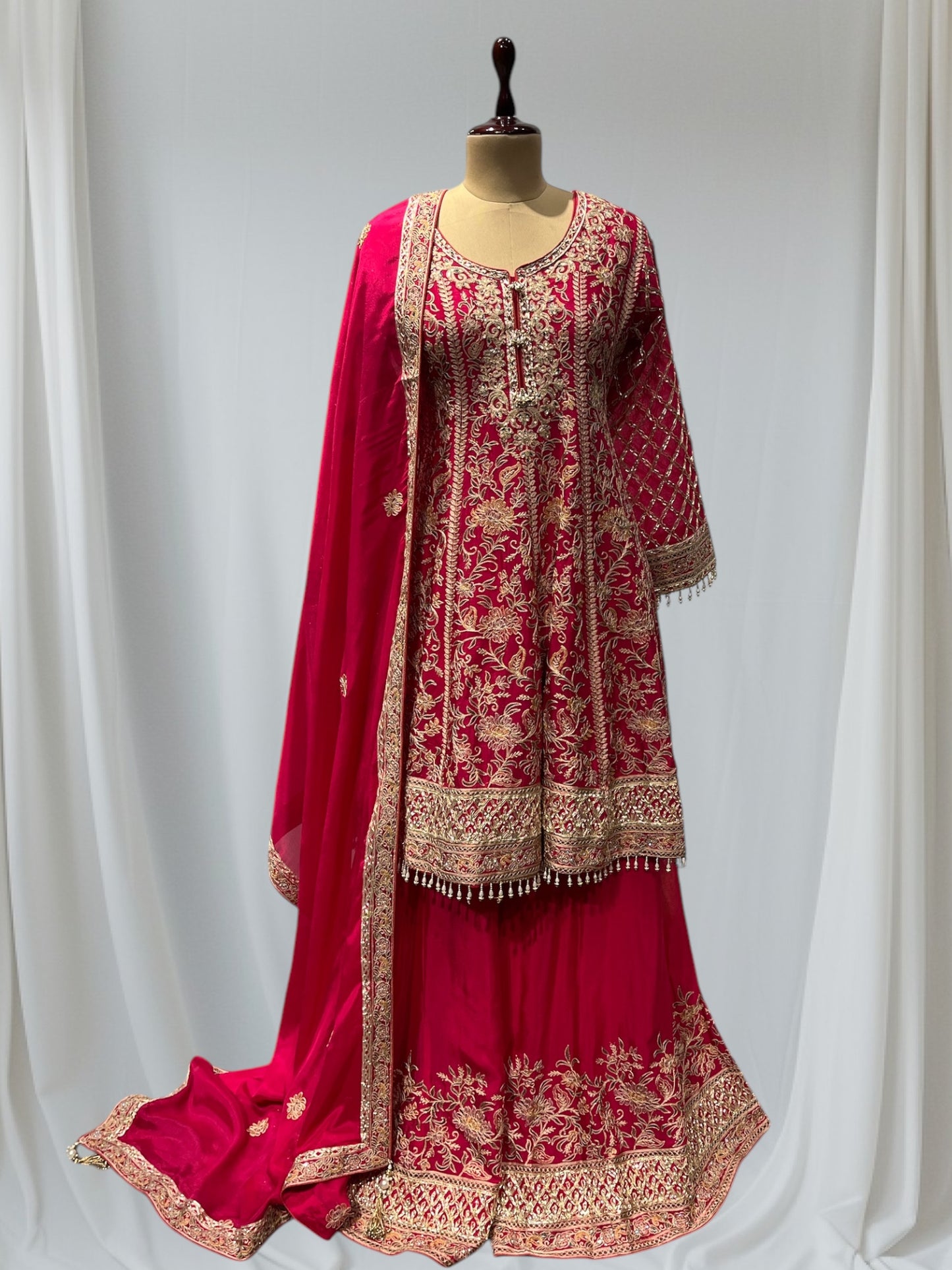 HOT PINK COLOR CHINON SHARARA SUIT EMBELLISHED WITH GOTTA PATTI & RESHAM EMBROIDERY