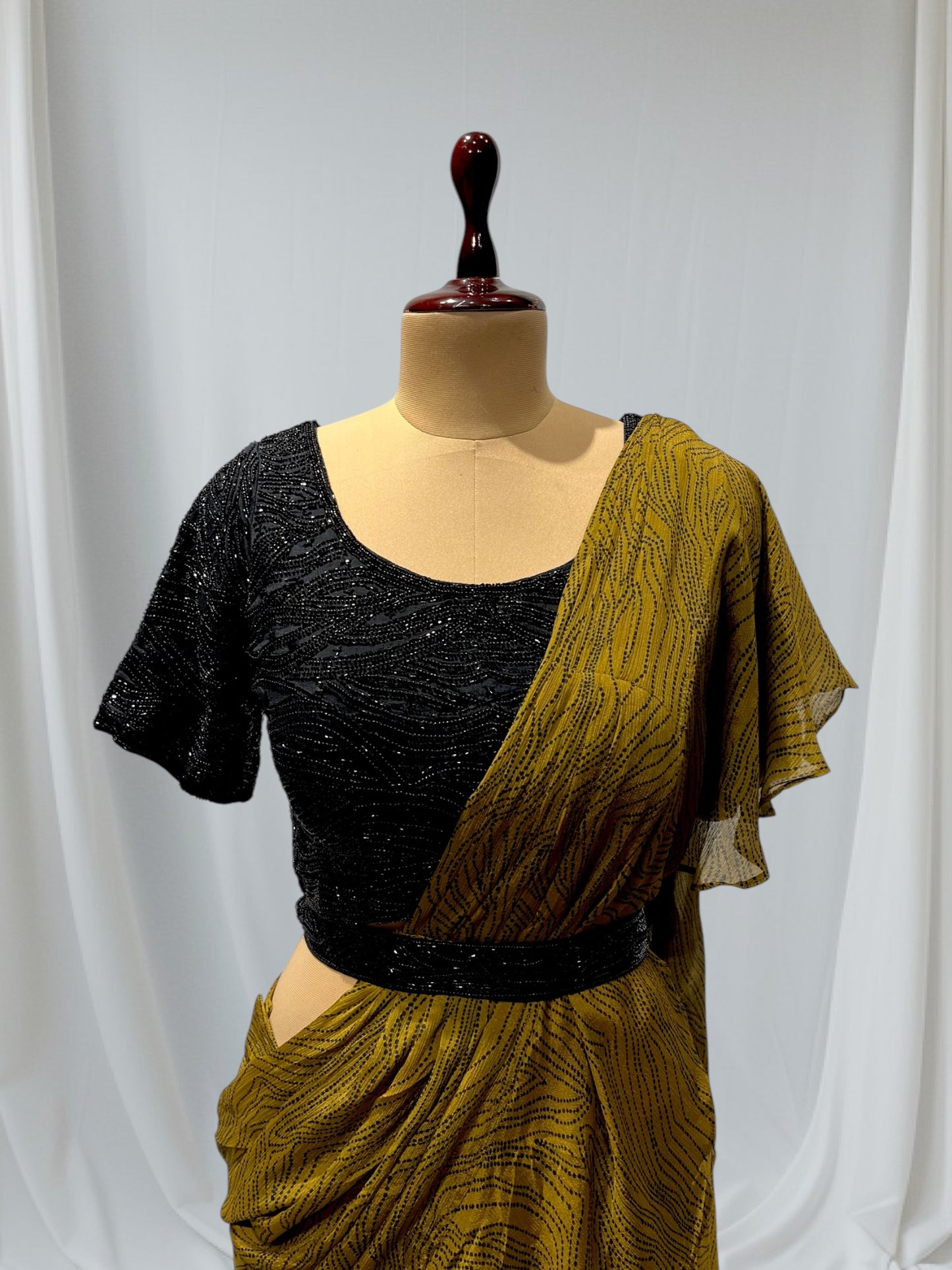 OLIVE GREEN COLOR CHINON READYMADE SAREE WITH EMBROIDERED BLOUSE