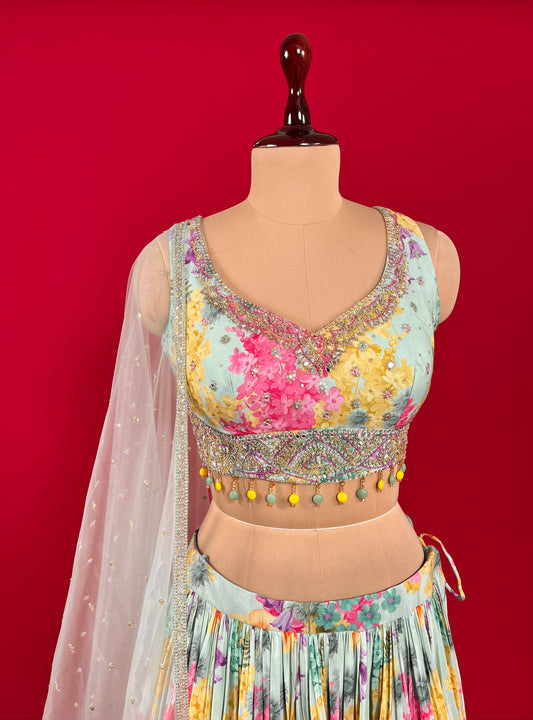 SEA BLUE COLOUR CREPE SILK LEHENGA WITH READYMADE CROP TOP & NET DUPATTA EMBELLISHED WITH SEQUINS & MIRROR WORK