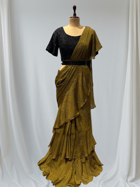 OLIVE GREEN COLOR CHINON READYMADE SAREE WITH EMBROIDERED BLOUSE