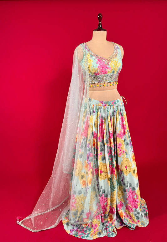 SEA BLUE COLOUR CREPE SILK LEHENGA WITH READYMADE CROP TOP & NET DUPATTA EMBELLISHED WITH SEQUINS & MIRROR WORK