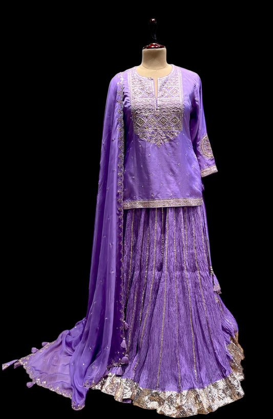 LAVENDER COLOUR CRUSHED LEHENGA WITH KURTI EMBELLISHED WITH KASAB, GOTA PATTI & MIRROR WORK