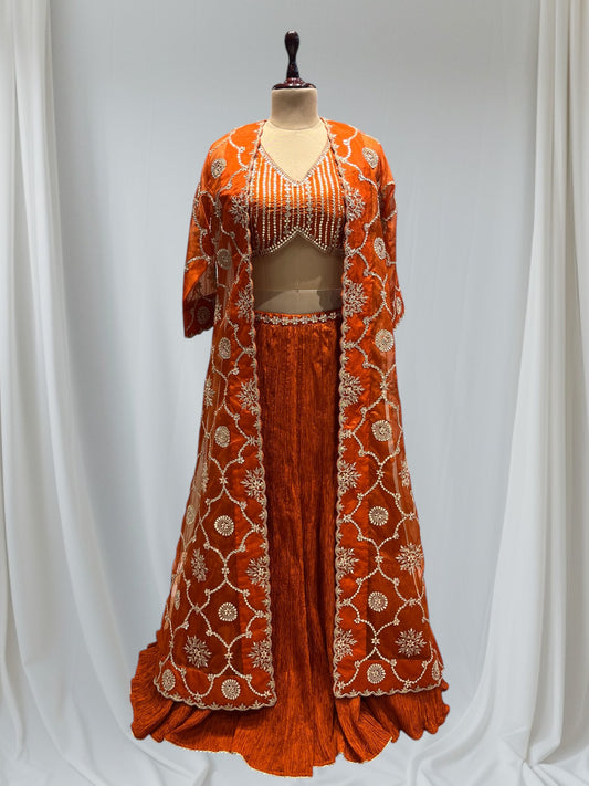 ORANGE COLOR INDOWESTERN DRESS CRUSHED SKIRT WITH CROP TOP & SHRUG EMBELLISHED WITH GOTTA PATTI WORK