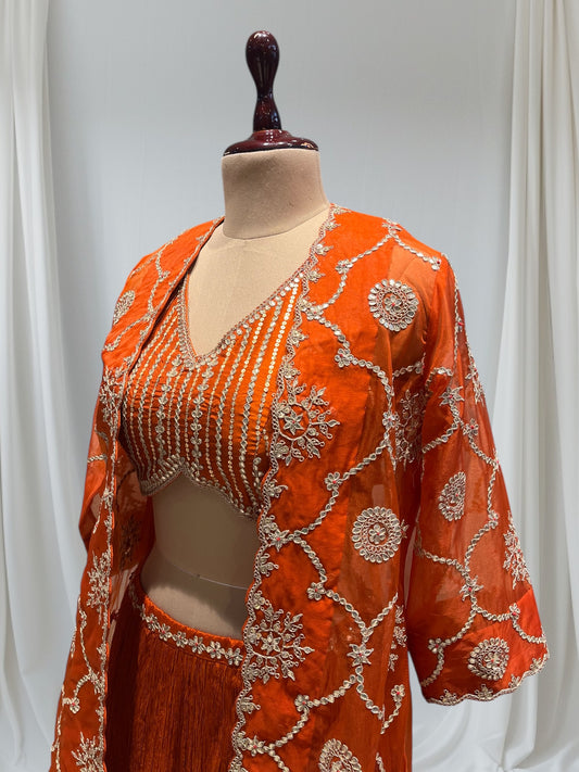 ORANGE COLOR INDOWESTERN DRESS CRUSHED SKIRT WITH CROP TOP & SHRUG EMBELLISHED WITH GOTTA PATTI WORK