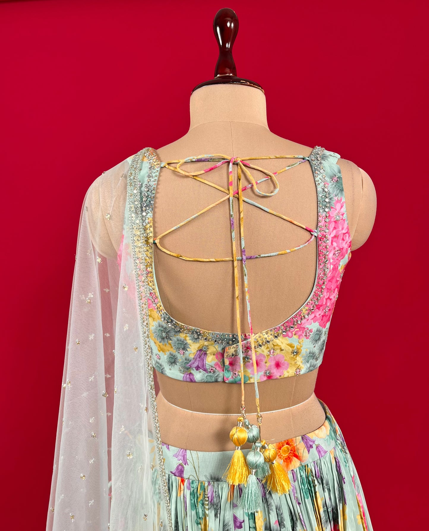 SEA BLUE COLOUR CREPE SILK LEHENGA WITH READYMADE CROP TOP & NET DUPATTA EMBELLISHED WITH SEQUINS & MIRROR WORK