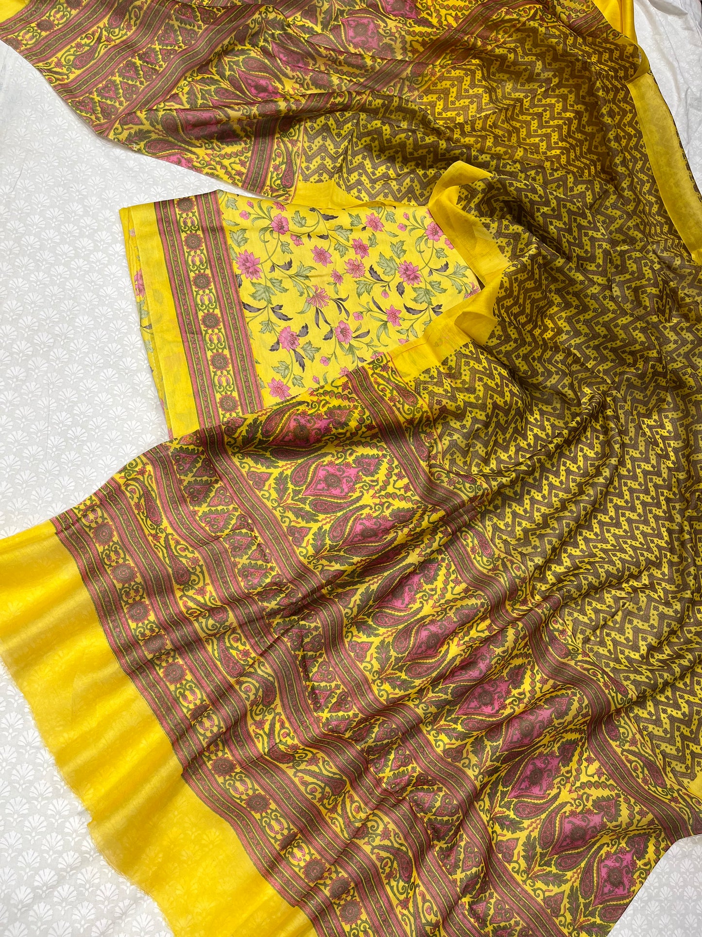 YELLOW COLOUR CHANDERI SILK PRINTED UNSTITCHED SUIT