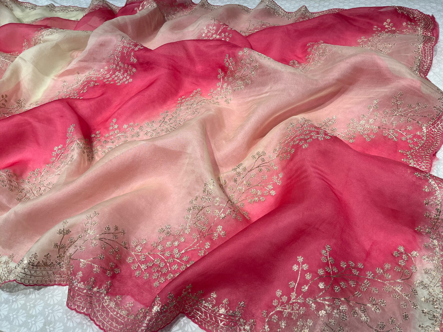 PURE ORGANZA SHADED EMBROIDERED SAREE EMBELLISHED WITH ZARI WORK