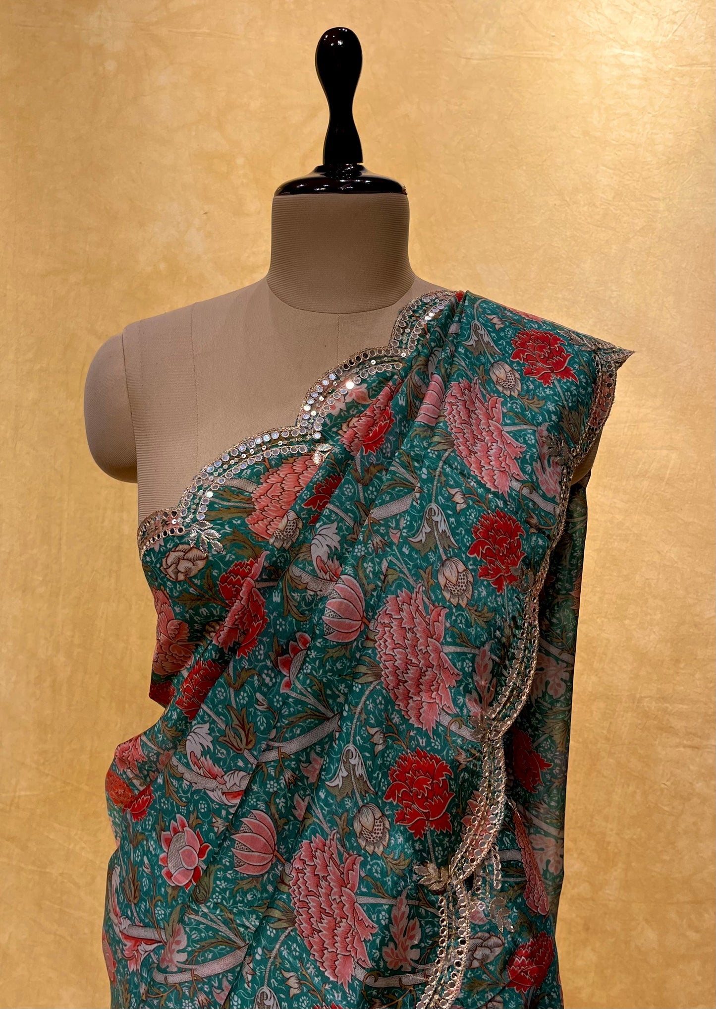 TEAL GREEN COLOR MUSLIN SILK SAREE EMBELLISHED WITH MIRROR FOIL WORK