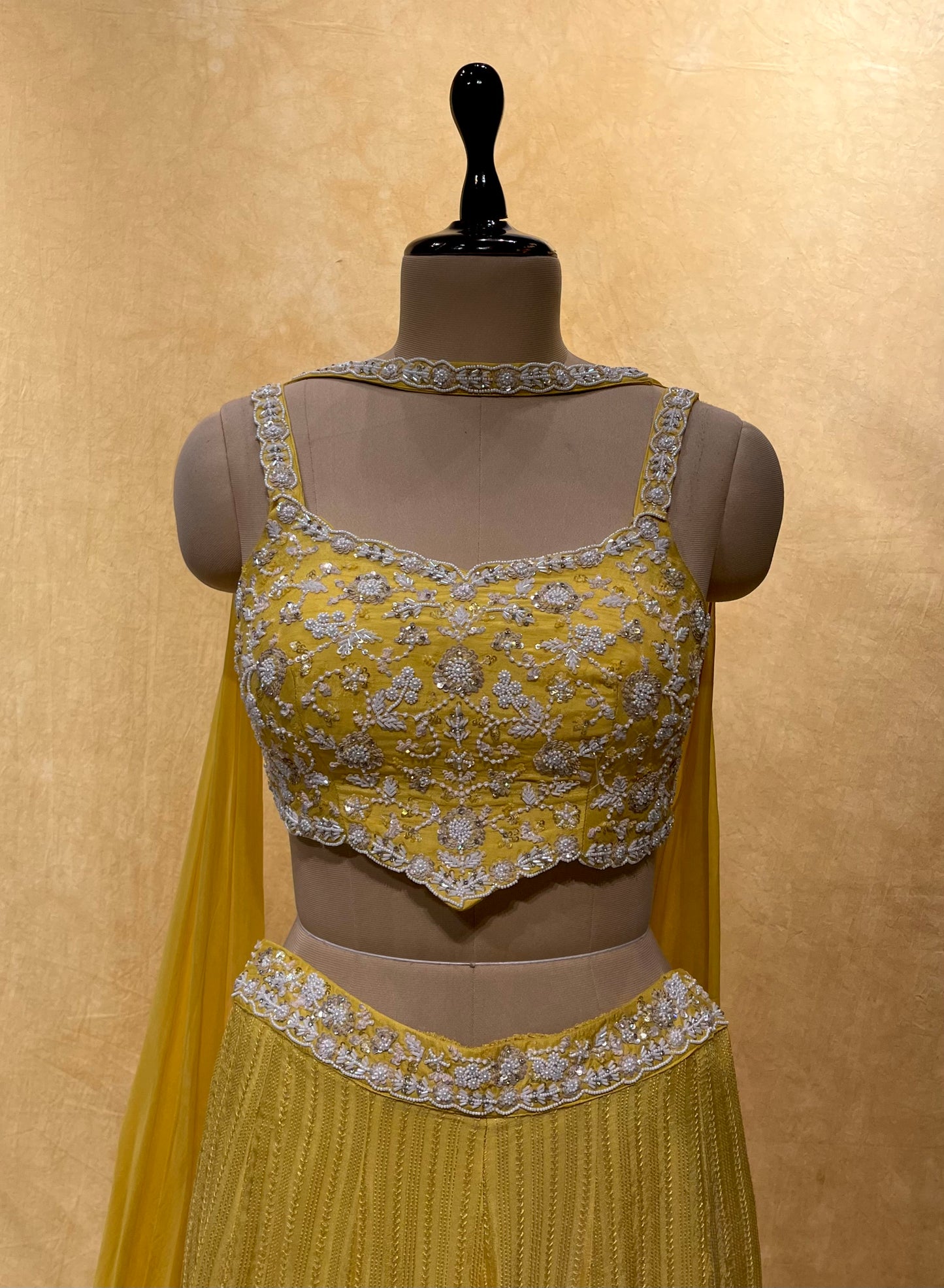 YELLOW FLARED PALAZZO WITH CROP TOP BLOUSE & DUPATTA EMBELLISHED WITH CUTDANA, PEARL & SEQUINS WORK