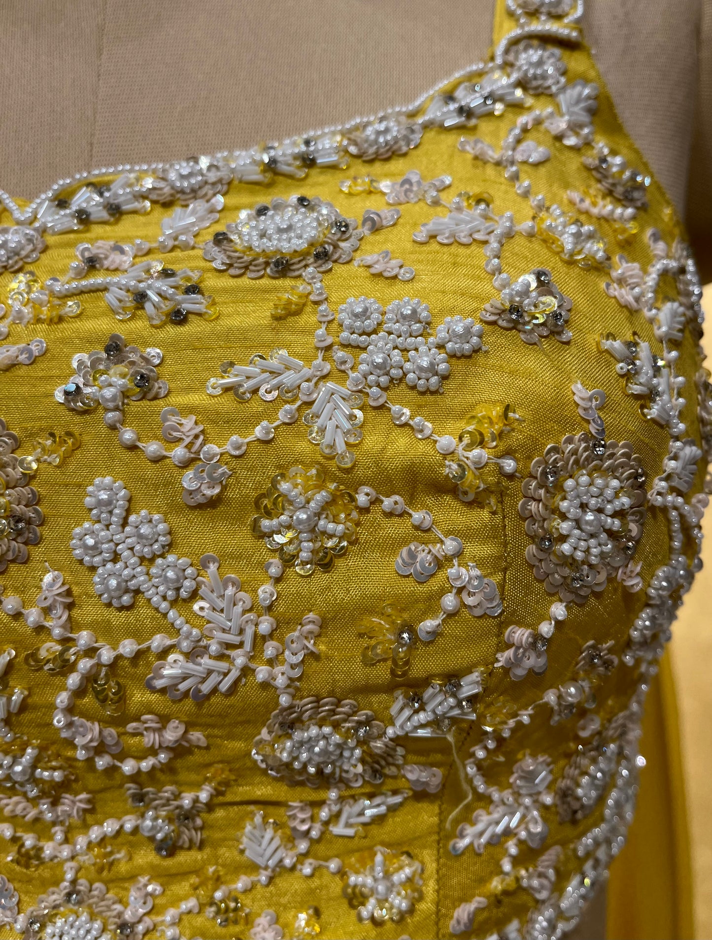 YELLOW FLARED PALAZZO WITH CROP TOP BLOUSE & DUPATTA EMBELLISHED WITH CUTDANA, PEARL & SEQUINS WORK