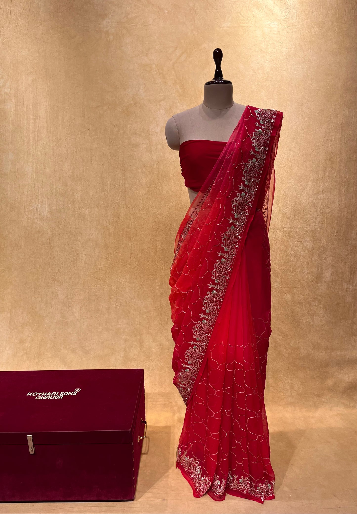 ( DELIVERY IN 20-25 DAYS ) RED SHADED PURE CHIFFON HAND EMBROIDERED SAREE EMBELLISHED WITH AARI & CUTDANA WORK