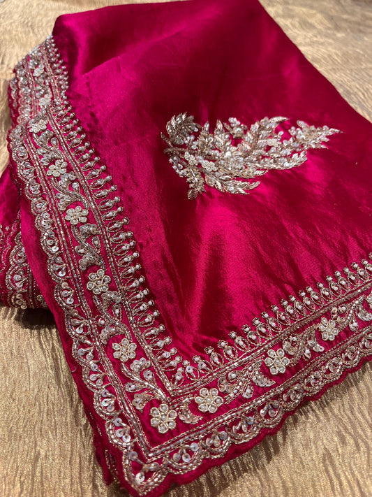 HOT PINK COLOUR RAW SILK HAND EMBROIDERED SAREE EMBELLISHED WITH SEQUINS, CUTDANA & ZARDOZI WORK