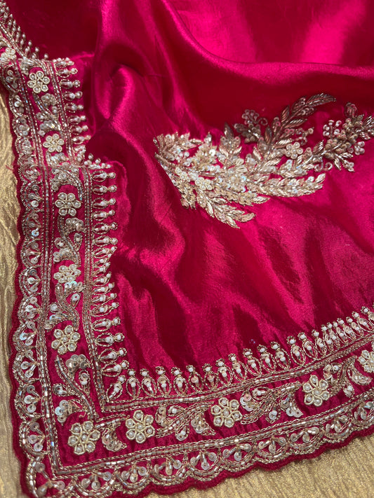 HOT PINK COLOUR RAW SILK HAND EMBROIDERED SAREE EMBELLISHED WITH SEQUINS, CUTDANA & ZARDOZI WORK