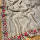 SILVER CRUSHED TISSUE EMBROIDERED SAREE WITH RAW SILK BLOUSE EMBELLISHED WITH RESHAM & SEQUINS WORK