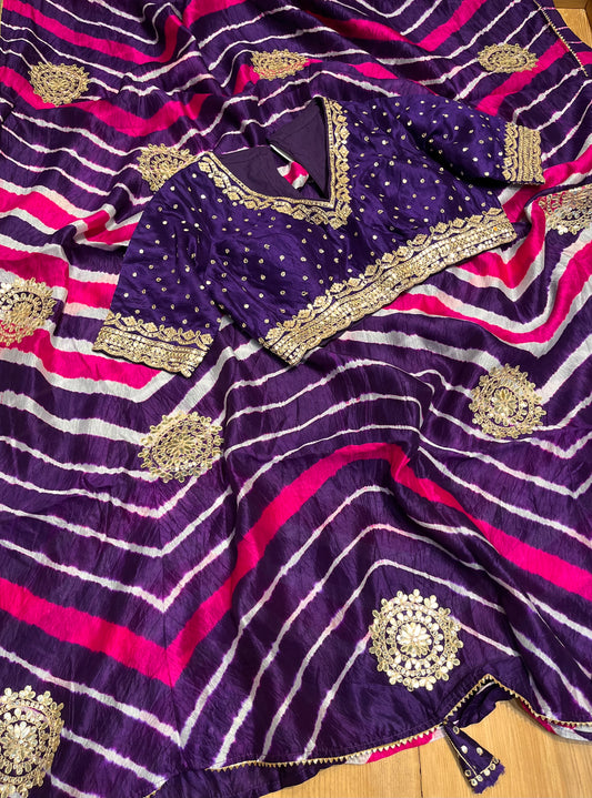 PURPLE COLOUR LEHERIYA READYMADE BLOUSE SAREE EMBELLISHED WITH MIRROR & GOTA PATTI WORK