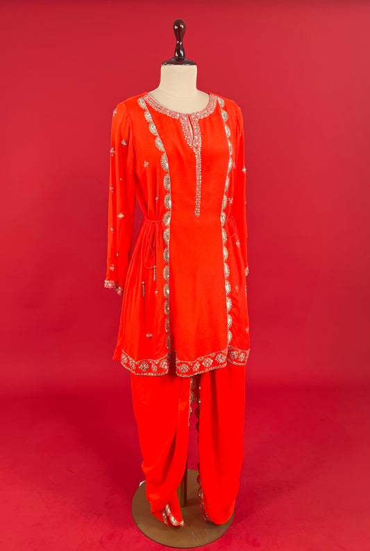 ORANGE COLOUR CHINON KURTA WITH DHOTI STYLE PANT EMBELLISHED WITH CUTDANA & SEQUINS WORK