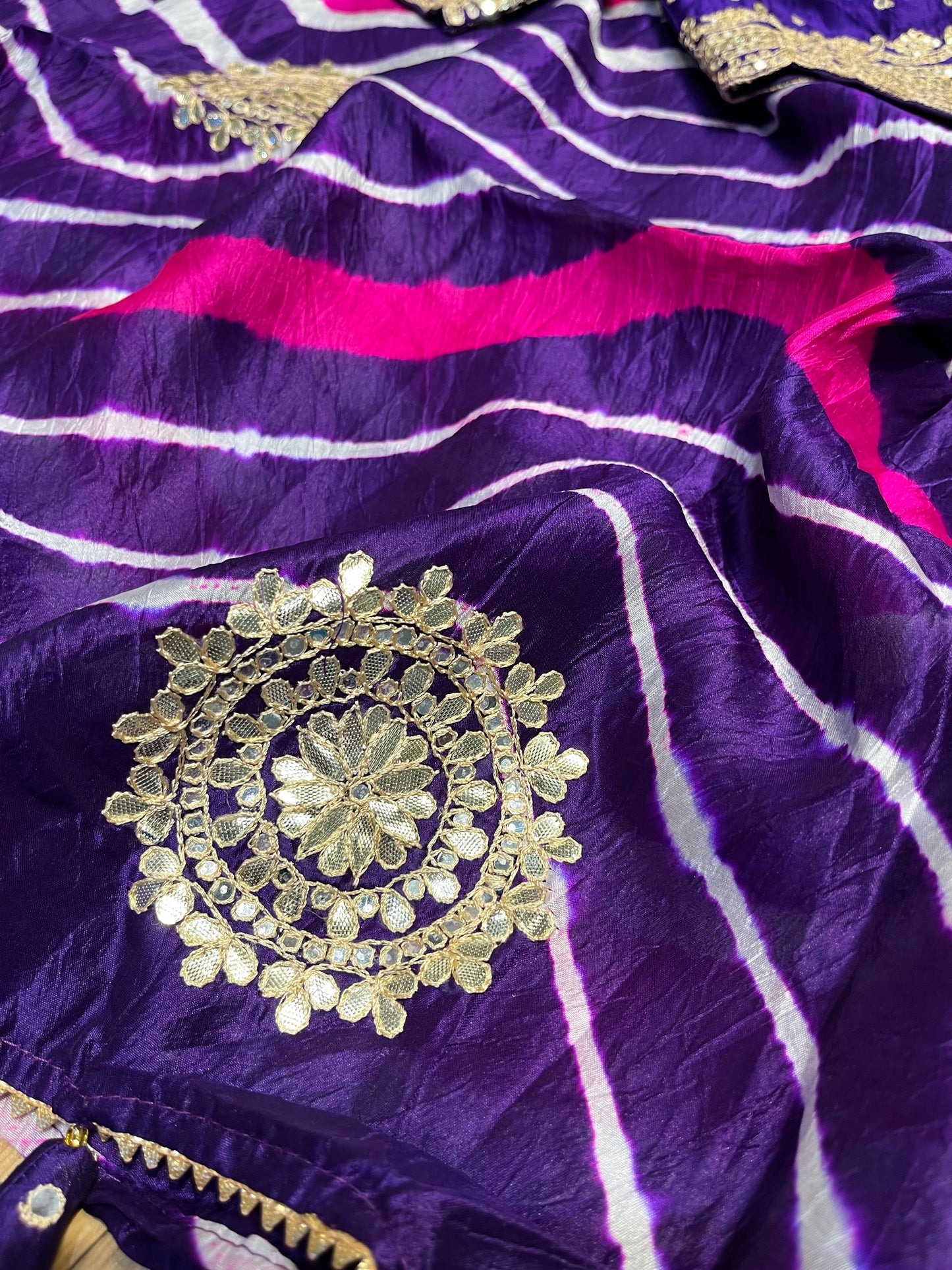 PURPLE COLOUR LEHERIYA READYMADE BLOUSE SAREE EMBELLISHED WITH MIRROR & GOTA PATTI WORK