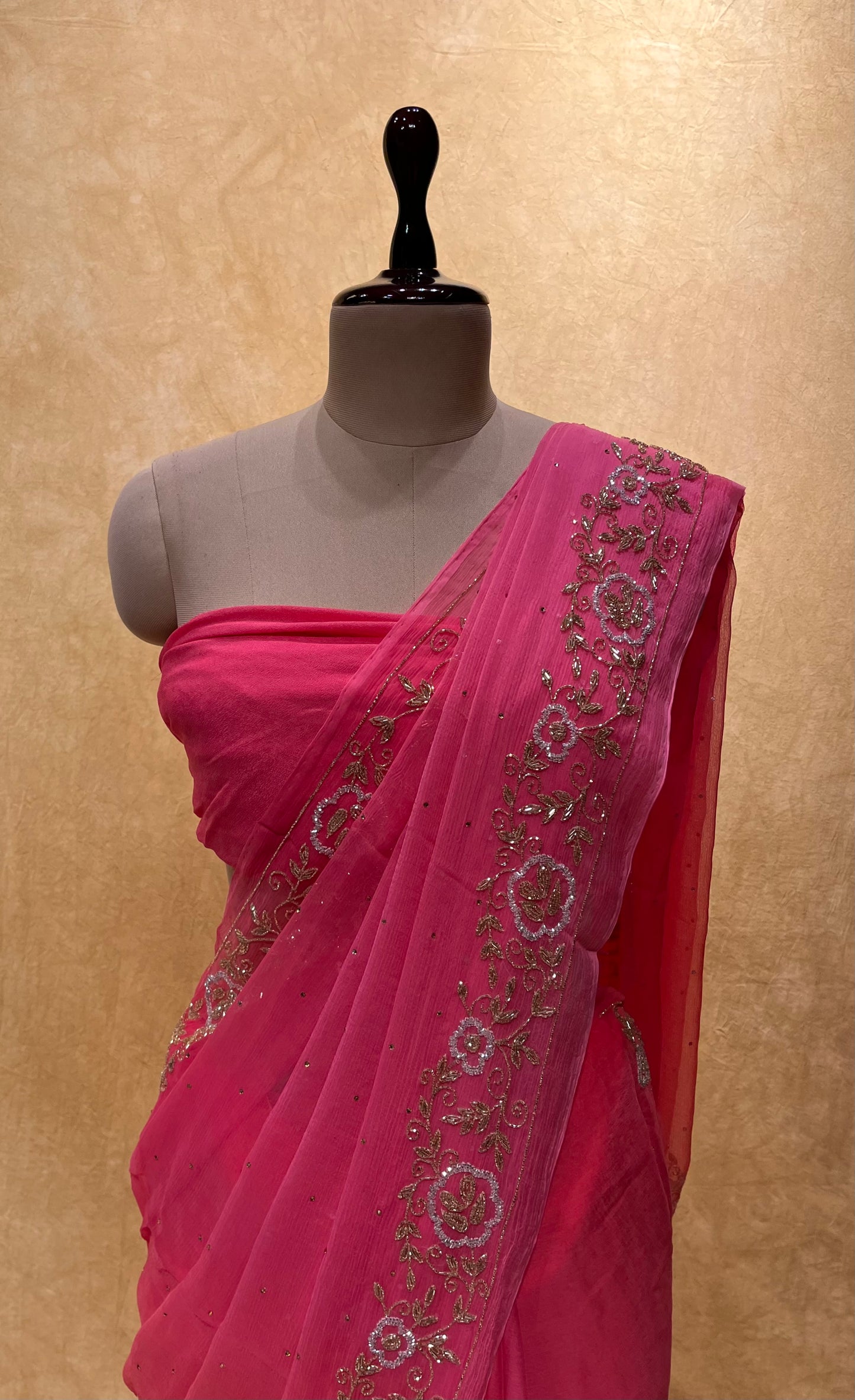 PINK COLOUR SHADED CHIFFON HAND EMBROIDERED SAREE EMBELLISHED WITH CUTDANA WORK