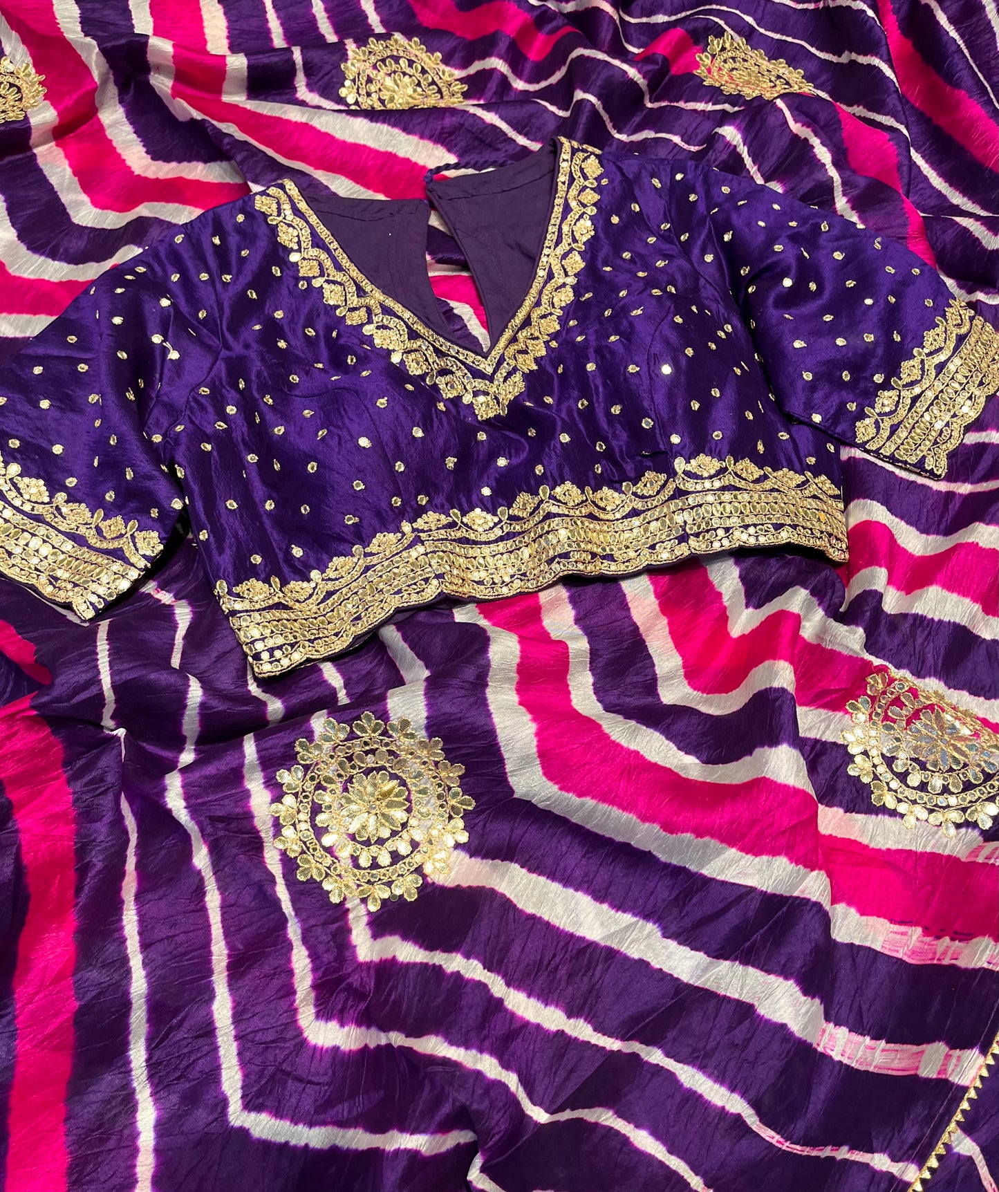 PURPLE COLOUR LEHERIYA READYMADE BLOUSE SAREE EMBELLISHED WITH MIRROR & GOTA PATTI WORK