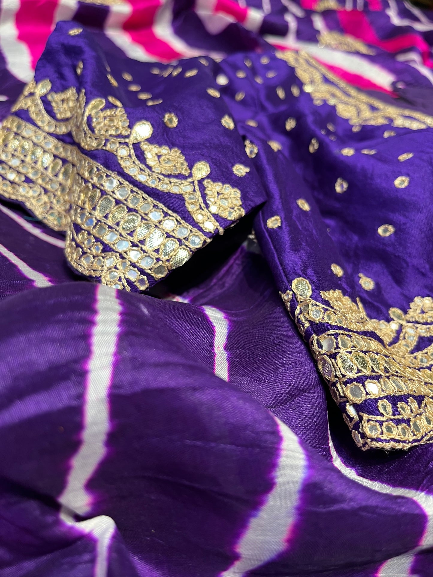 PURPLE COLOUR LEHERIYA READYMADE BLOUSE SAREE EMBELLISHED WITH MIRROR & GOTA PATTI WORK