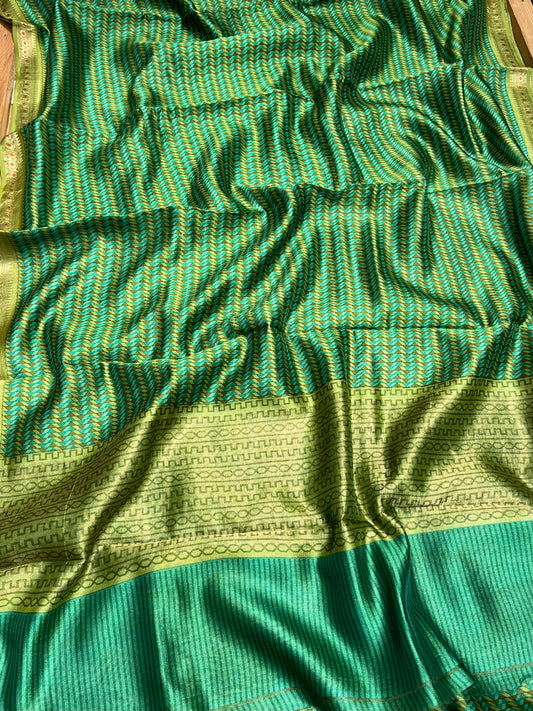 GREEN COLOUR SILK PRINTED SAREE WITH ZARI BORDER