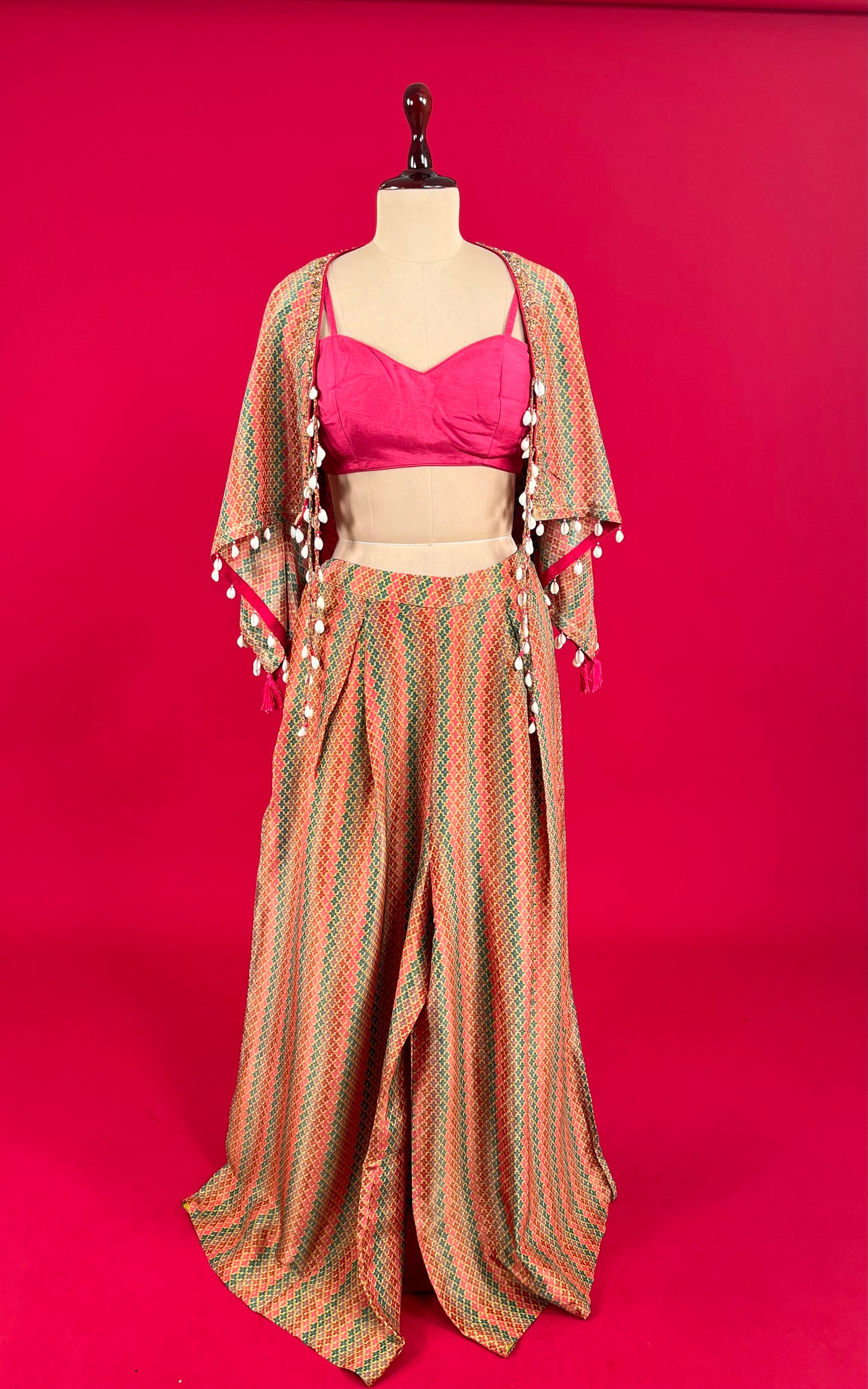 Multi Colour Crepe Tissue Pant With Crop Top & Jacket | Kothari Sons