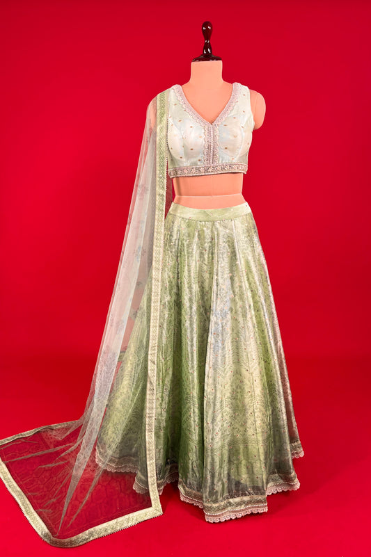 PISTA GREEN COLOUR ORGANZA SKIRT WITH CROP TOP BLOUSE & NET DUPATTA EMBELLISHED WITH PEARL & SEQUINS WORK